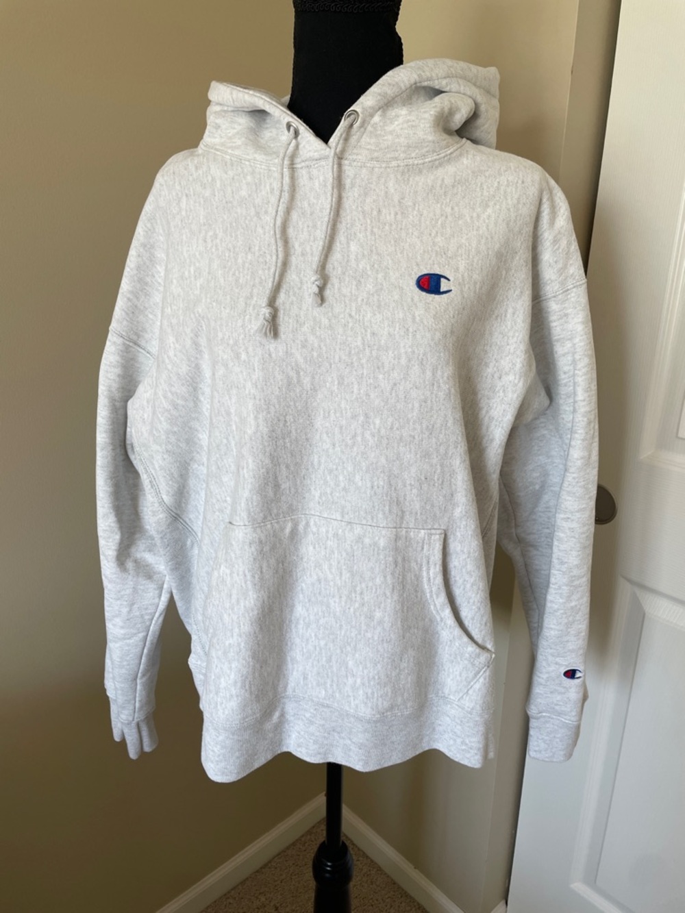 Champion Light Gray Hoodie with Blue & Red Logo